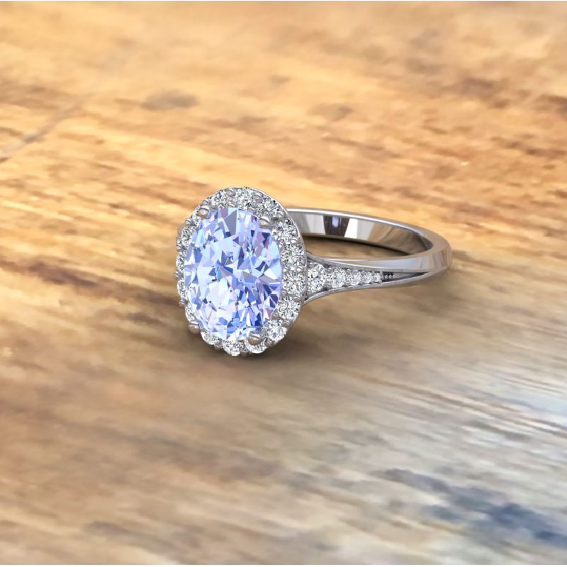 Custom Made Oval Lavender Sapphire and Diamond Halo Engagement ring
