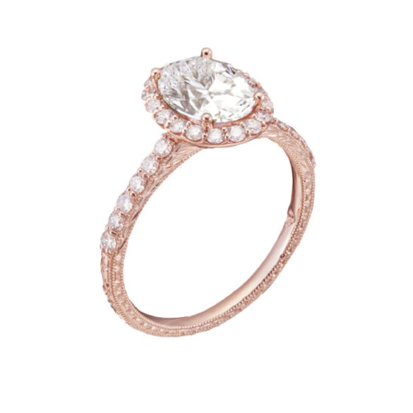 Oval Diamond With Diamond Halo And Diamond Accents In Rose Gold Retro Style Ring Design