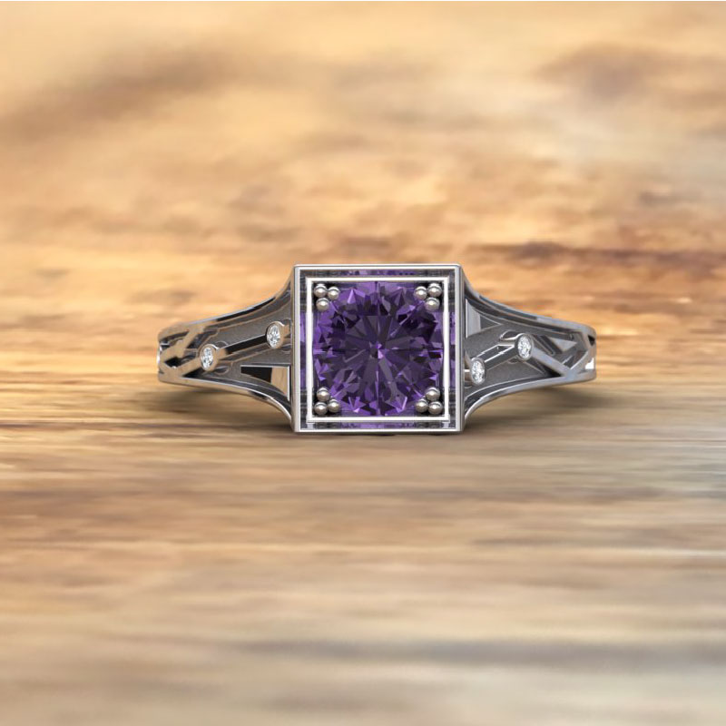 Custom Purple Sapphire and Diamond Engagement Ring, Front View