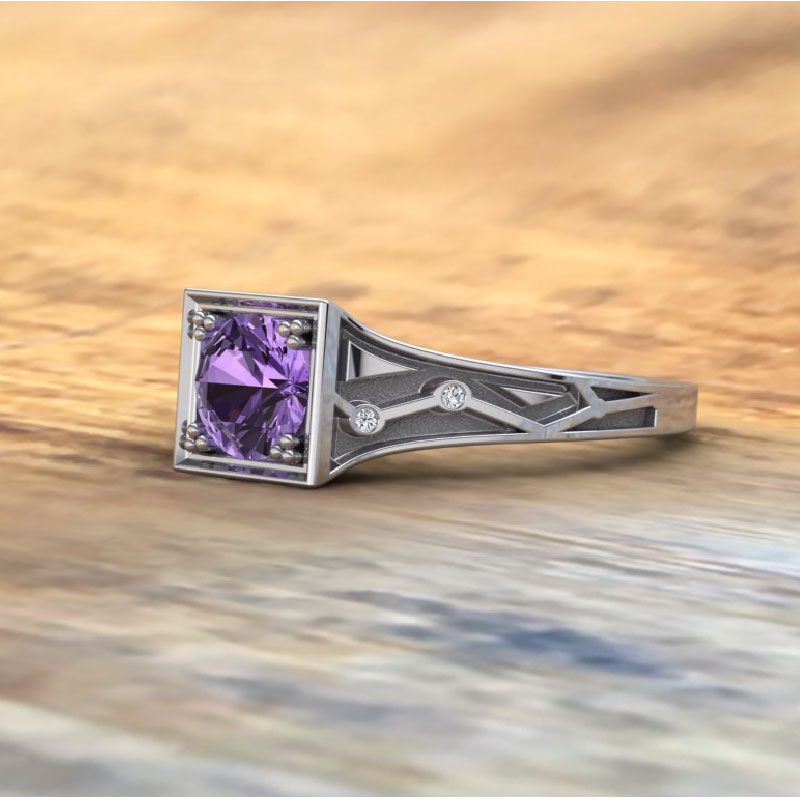 Custom Purple Sapphire and Diamond Engagement Ring, Side View
