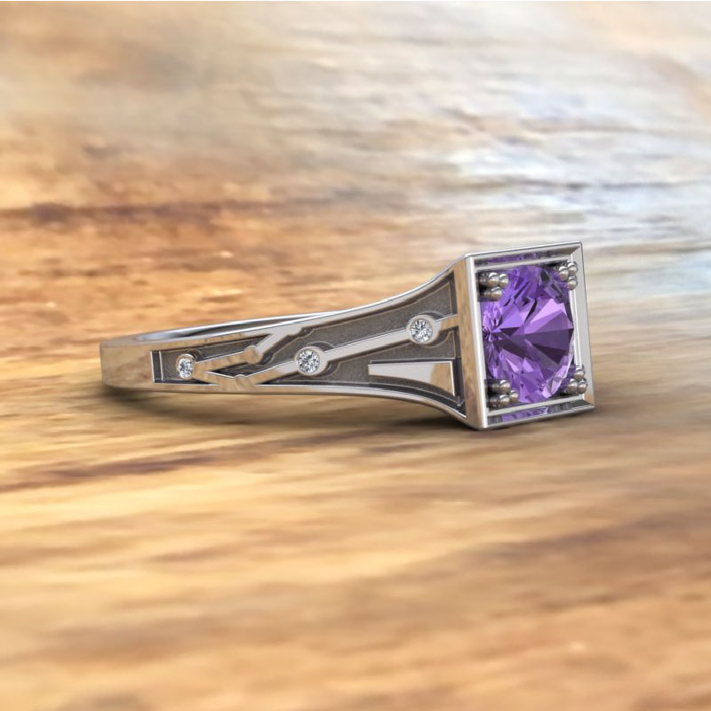 Custom Purple Sapphire and Diamond Engagement Ring, Alternate Side View
