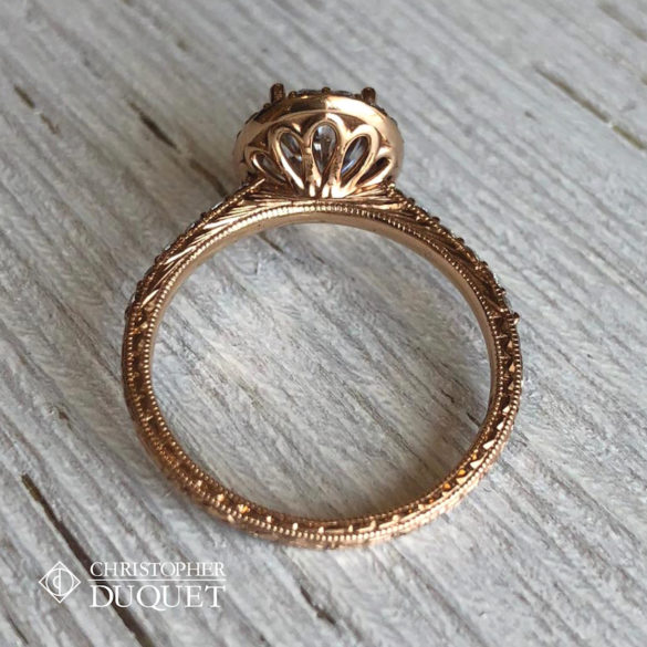 Vintage Style, Hand Engraved Gold Diamond Engagement Ring