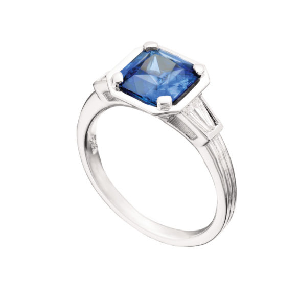 Asscher Cut Blue Sapphire With Diamond Baguettes In Platinum Ring