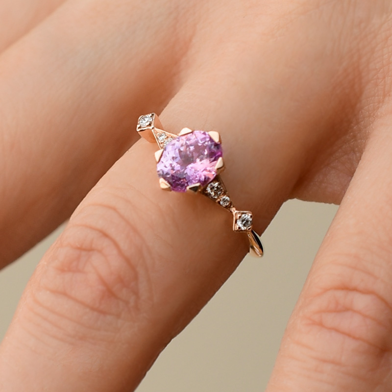 Pink Sapphire And Diamond Ring In Rose Gold hand view
