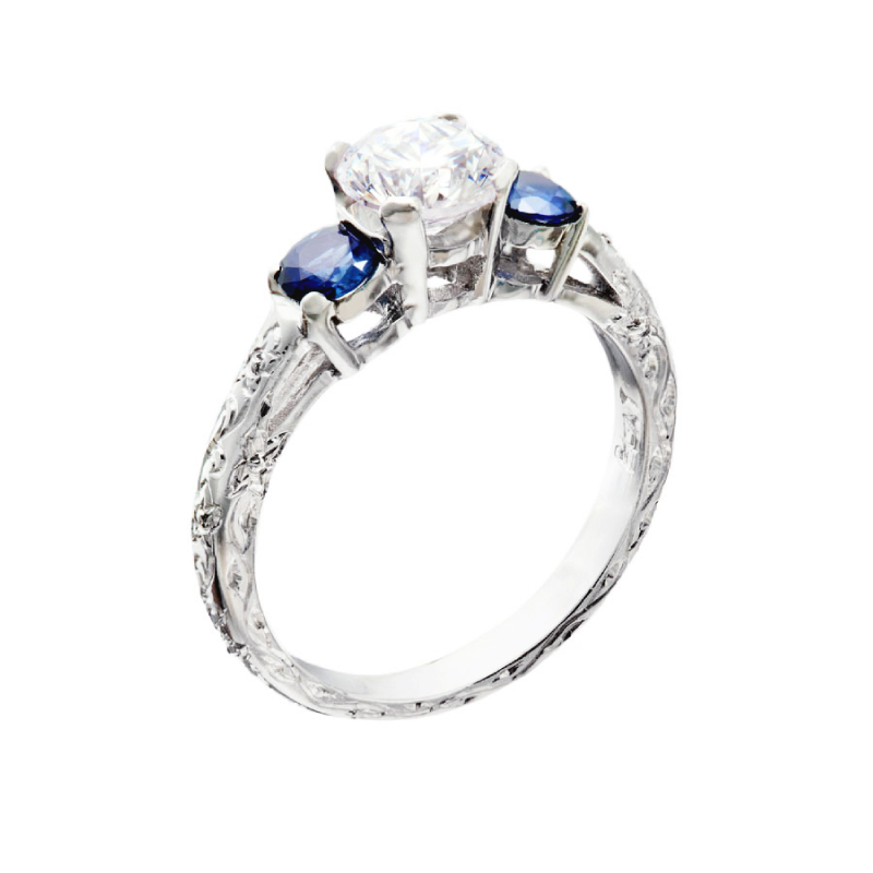 Vintage Diamond Engagement Ring with Blue Sapphire accents