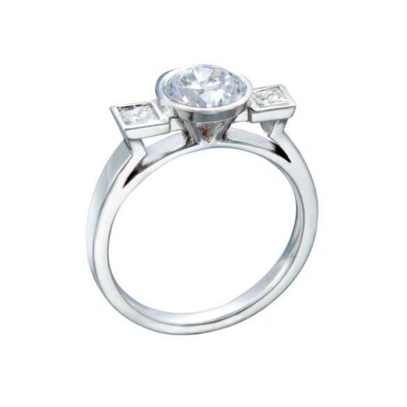 3 Stone Round and Princess Cut Tiered Diamond Engagement Ring