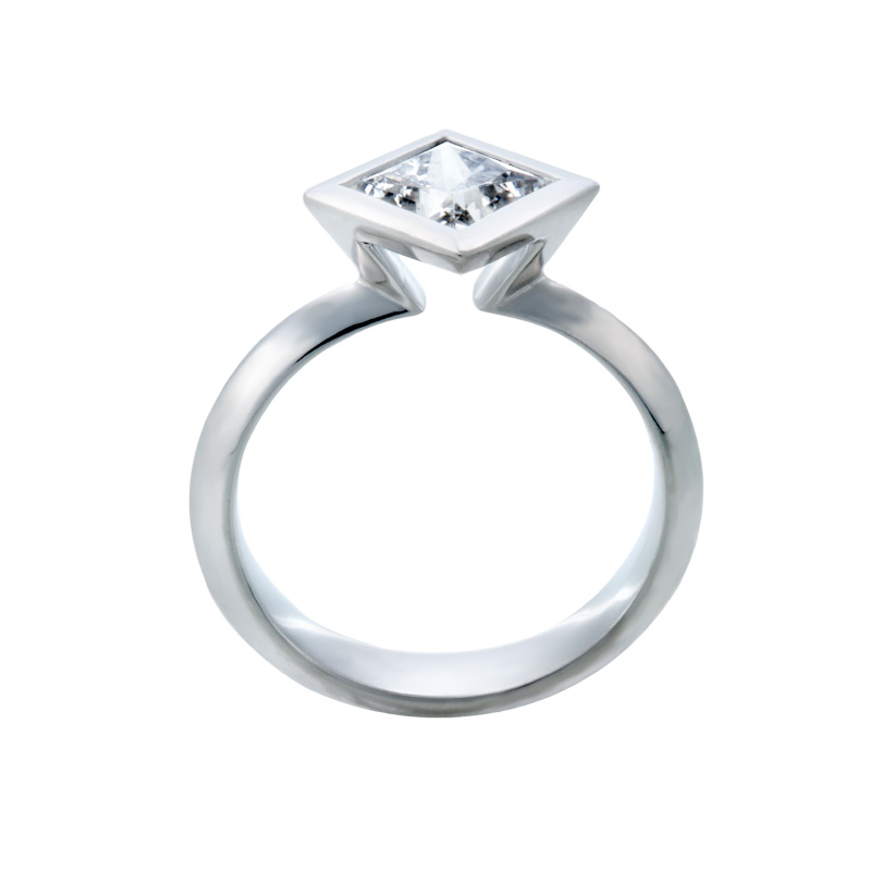 Bezel Set On Point Princess Cut Solitaire Diamond Engagement Ring | Christopher Duquet Modern Engagement Ring Collection