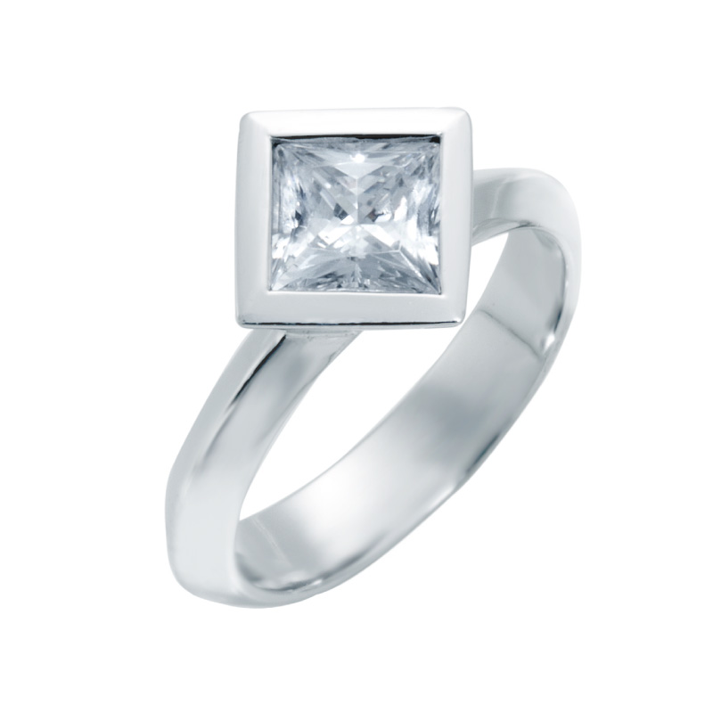 Top View Bezel Set On Point Princess Cut Solitaire Diamond Engagement Ring