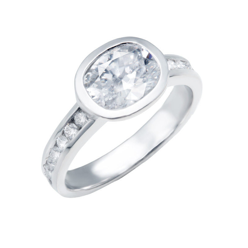 Bezel Set Oval Diamond Engagement Ring with Round Diamond Accents
