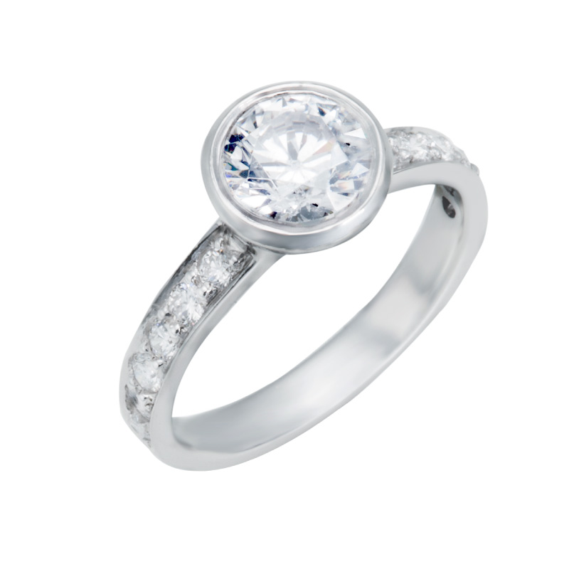 Bezel Set Round Brilliant Diamond Engagement Ring with Pavé set diamonds along the band