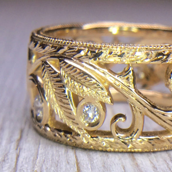 Yellow Gold Diamond Band with Hand Engraved Details
