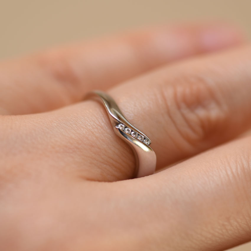 Lady’s “Wave” Wedding Ring With Diamonds Hand View