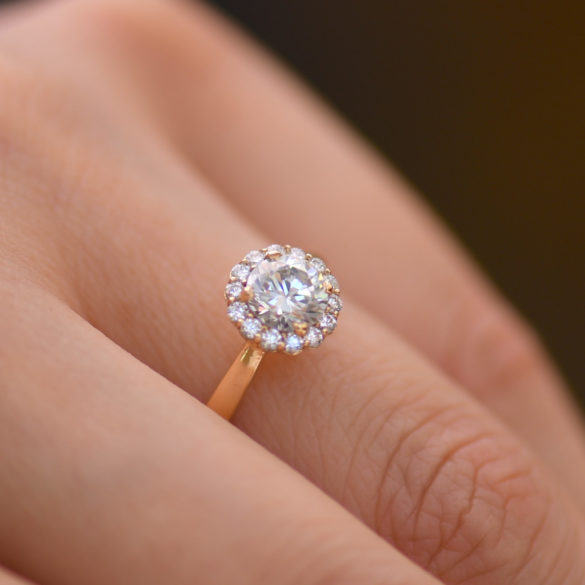 Gold Diamond Solitaire With Diamond Halo Engagement Ring