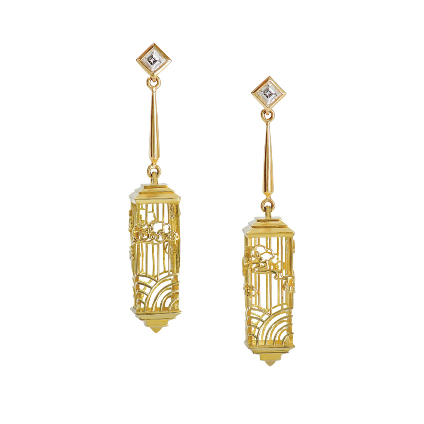 Chinese Bird Cage Drop Gold and Diamond Earrings