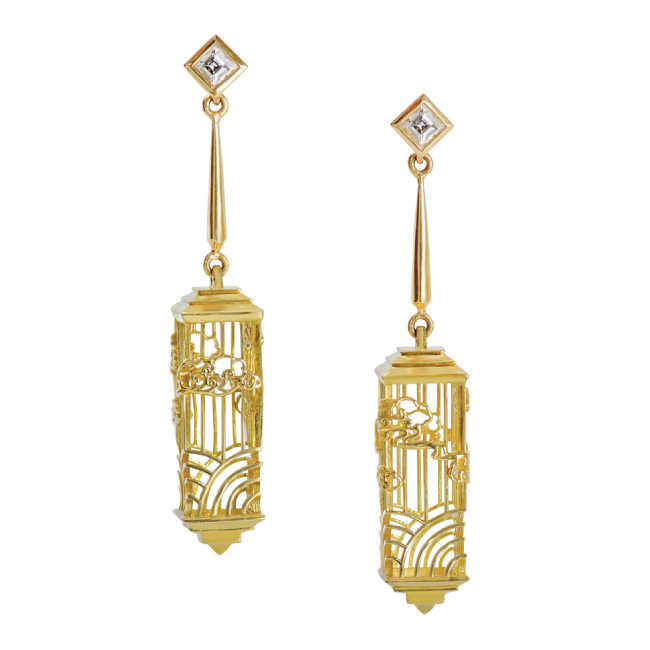 Chinese Bird Cage Drop Gold and Diamond Earrings
