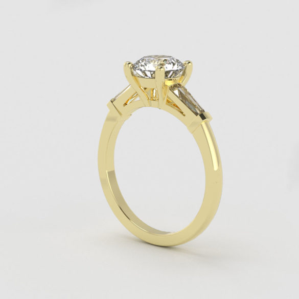 Mid-century Modern Round Brilliant Cut Diamond Engagement Ring With Tapered Diamond Baguettes