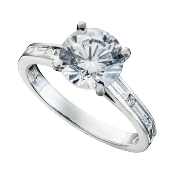 Round Brilliant Diamond Solitaire Engagement Ring With Channel Set Baguette And Round Diamond Accents
