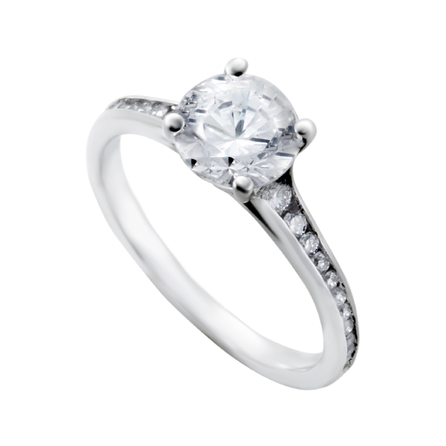 Round Cut Brilliant Diamond Engagement Ring with Channel Set Diamond Accents