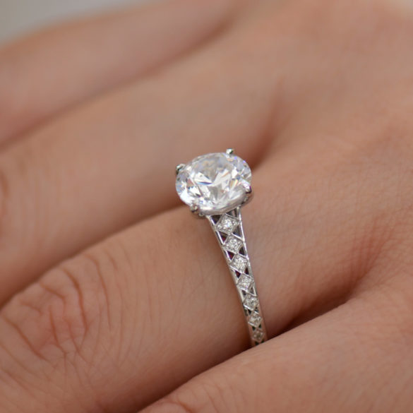 Vintage Inspired Diamond Solitaire Engagement Ring With Harlequin Pattern