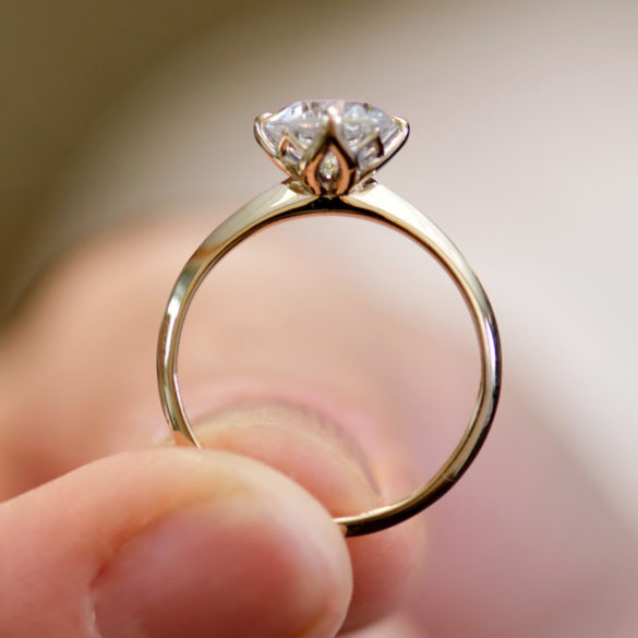 Yellow Gold Round Cut Solitaire Diamond Engagement Ring with Offset Prong Setting