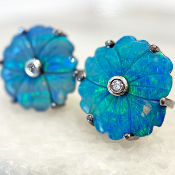Carved Opal Flower Diamond Earrings