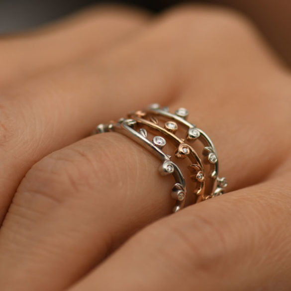 Alternate Thin Leaf and Vine Stacking Ring with More Diamonds