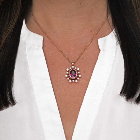 Fire Flower Rhodolite Garnet and Diamond Fireworks Necklace on neck