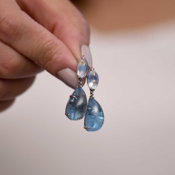 Blue Moonstone and Pear-shaped Aquamarine Cabochon Earrings