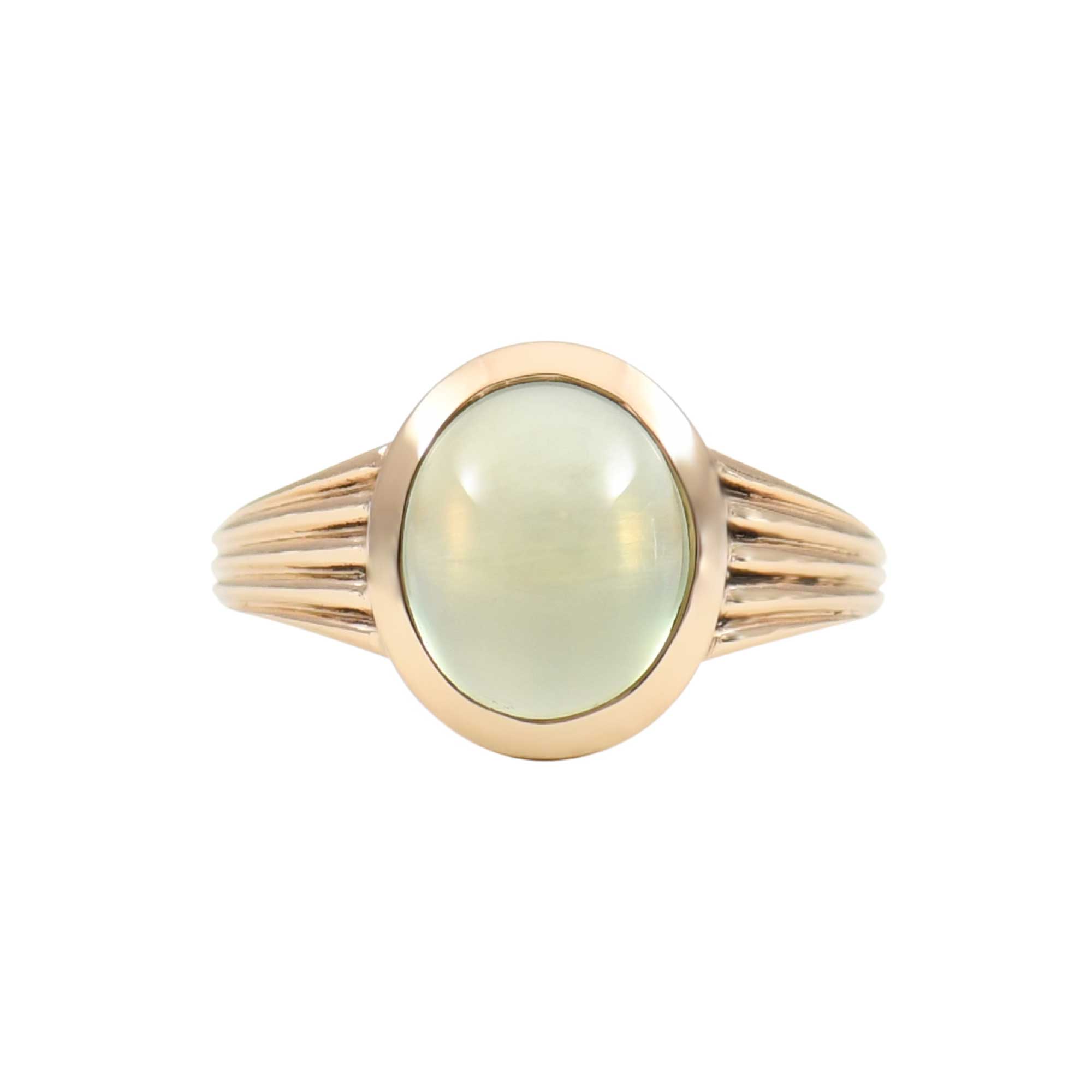 Green Prehnite Cabochon Grooved Band Ring
