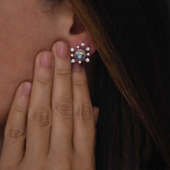 Northern Lights Snowflake Moonstone Diamond Earrings on Ear