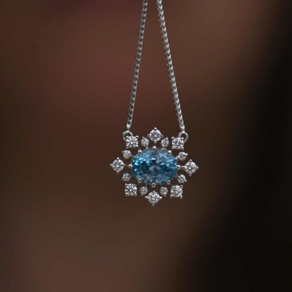 Twilight Snowflake Blue Zircon and Diamond Necklace Gemstone View