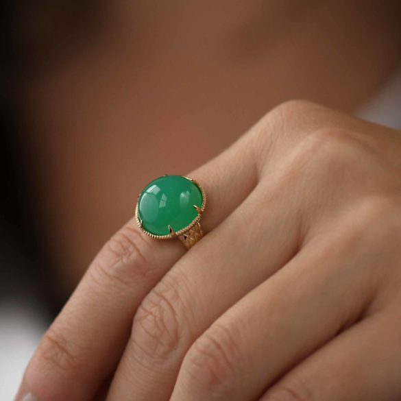 Green Chalcedony Gold Ring with Vintage Tuck and Roll Design on hand alternate view