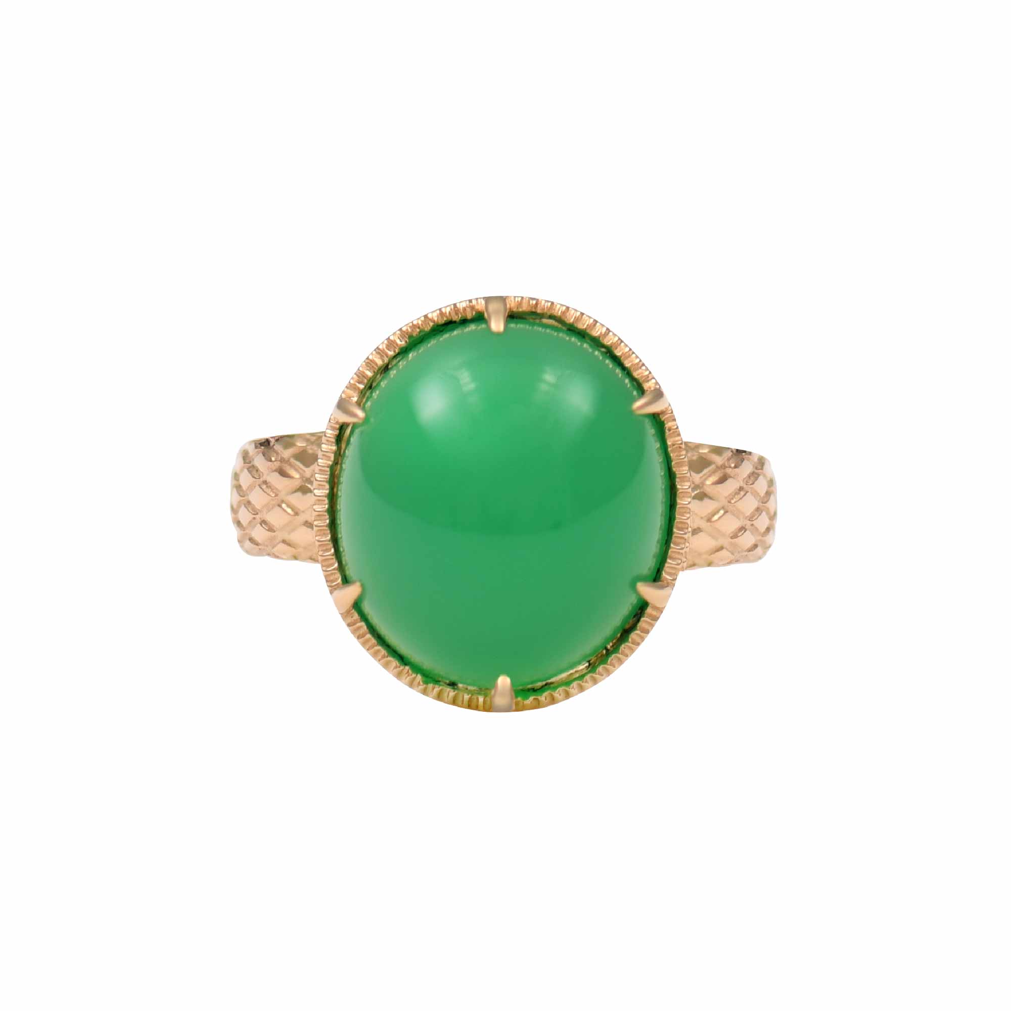Green Chalcedony Gold Ring with Vintage Tuck and Roll Design