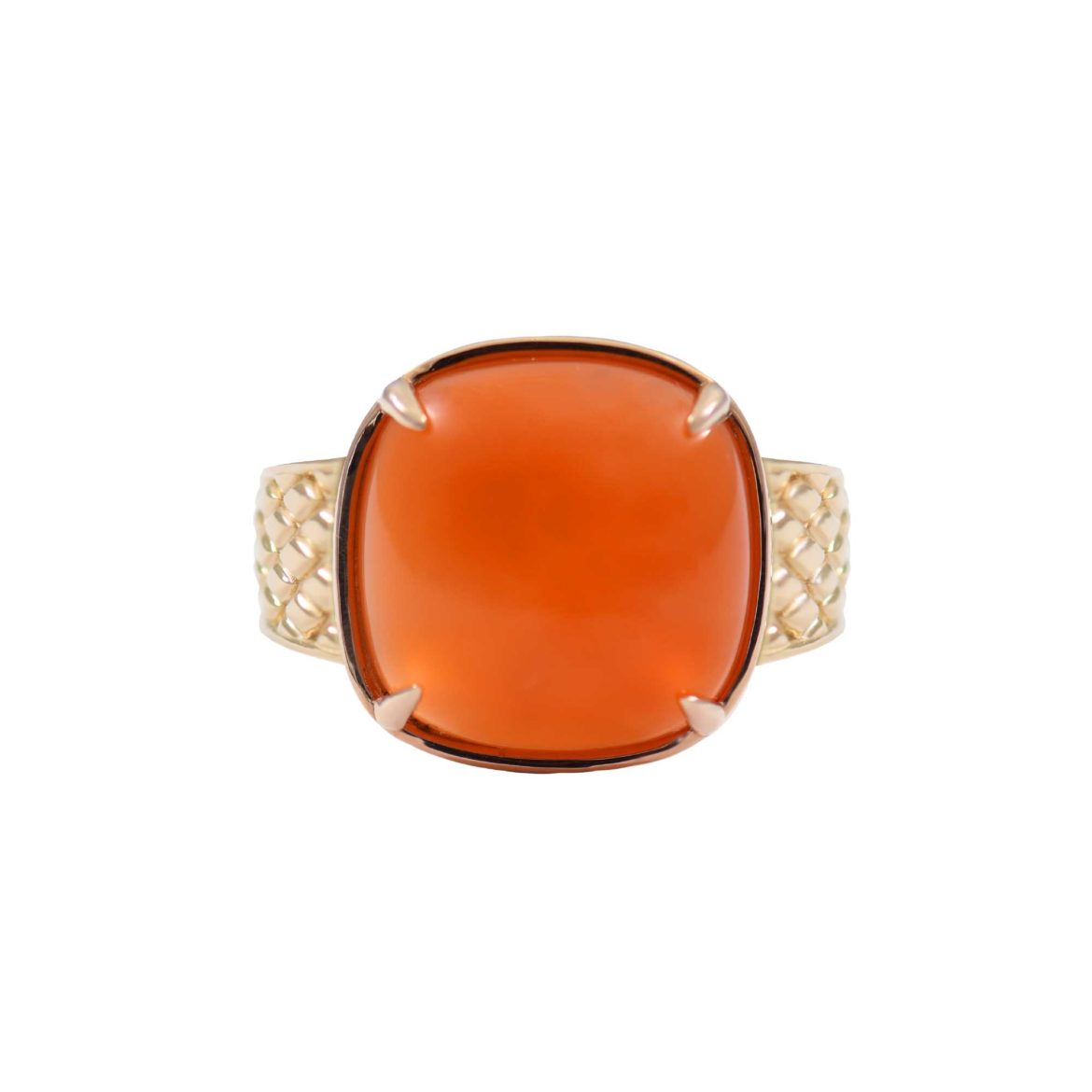 Orange Chalcedony Gold Ring with Vintage Tuck and Roll Design