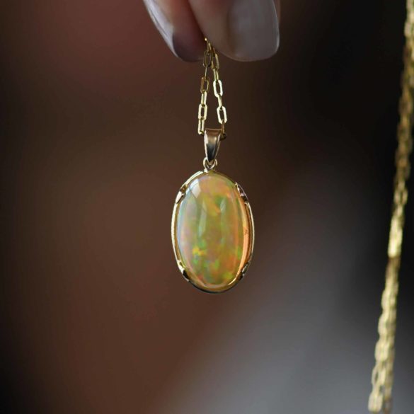 Ethiopian Opal Cabochon Gold Necklace on chain view