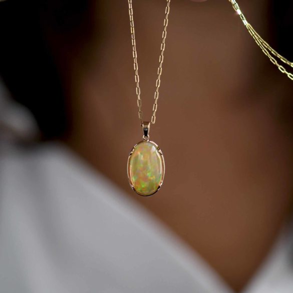 Ethiopian Opal Cabochon Gold Necklace on chain alternate view