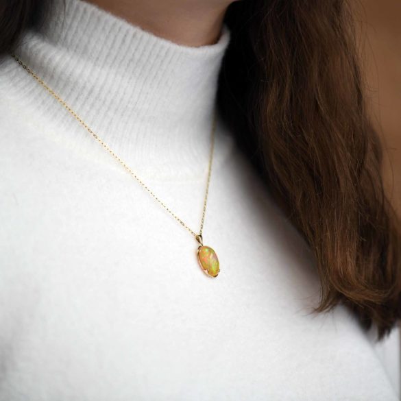Ethiopian Opal Cabochon Gold Necklace on neck