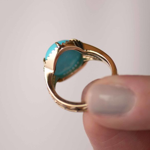 Persian Turquoise Diamond Gold Ring back of gemstone view