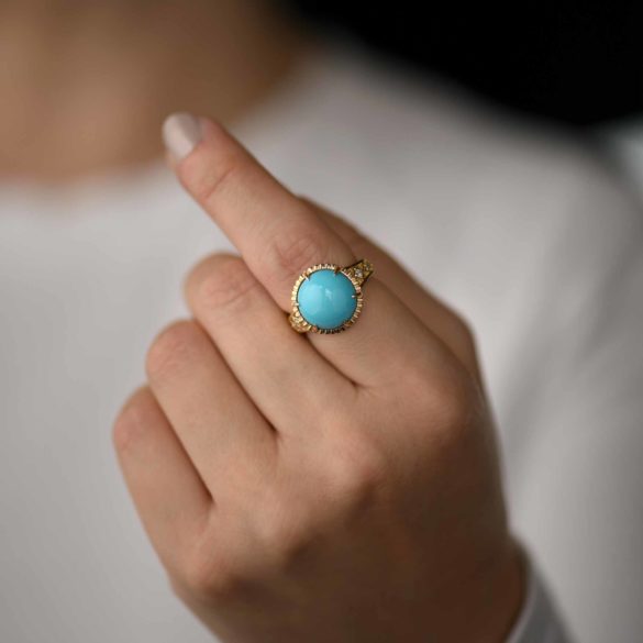 Persian Turquoise Diamond Gold Ring on hand alternate view