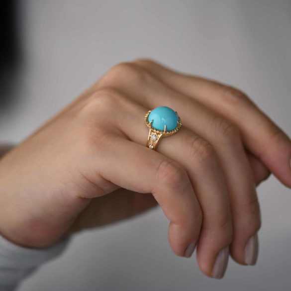 Persian Turquoise Diamond Gold Ring on hand ring finger