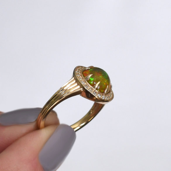 Opal Ring with Diamond Halo side band details alternate view