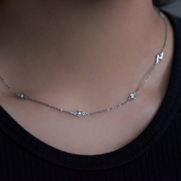 Kite Diamond Station Art Deco Necklace on neck