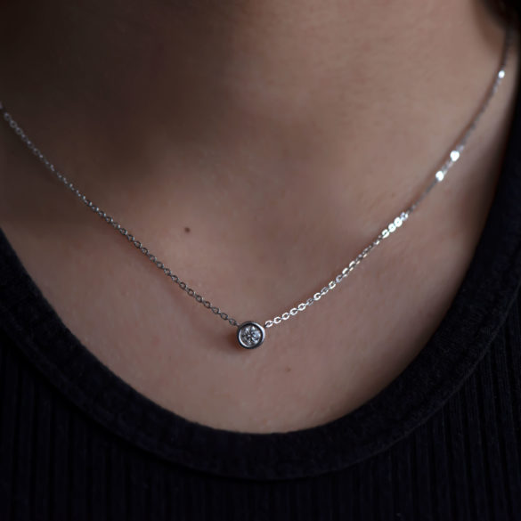 Moderne Bezel Diamond Solitaire Necklace on neck alt view