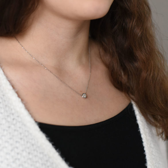 Moderne Bezel Diamond Solitaire Necklace on neck