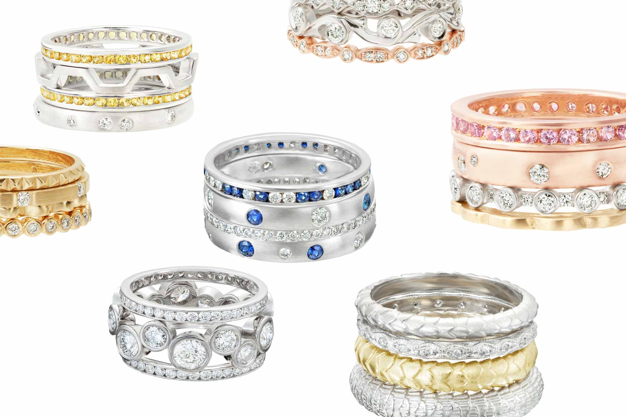 Stacking Rings: White, Yellow, Rose Gold with Diamonds and Precious Gems