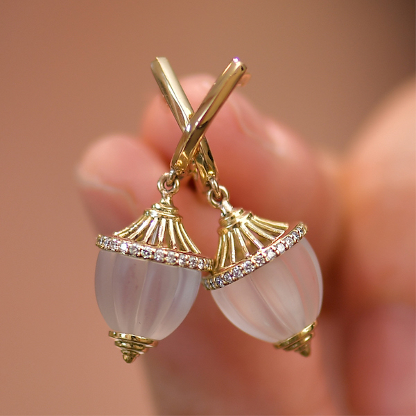 Cities and Lights Carved Quartz and Diamond Drop Earrings