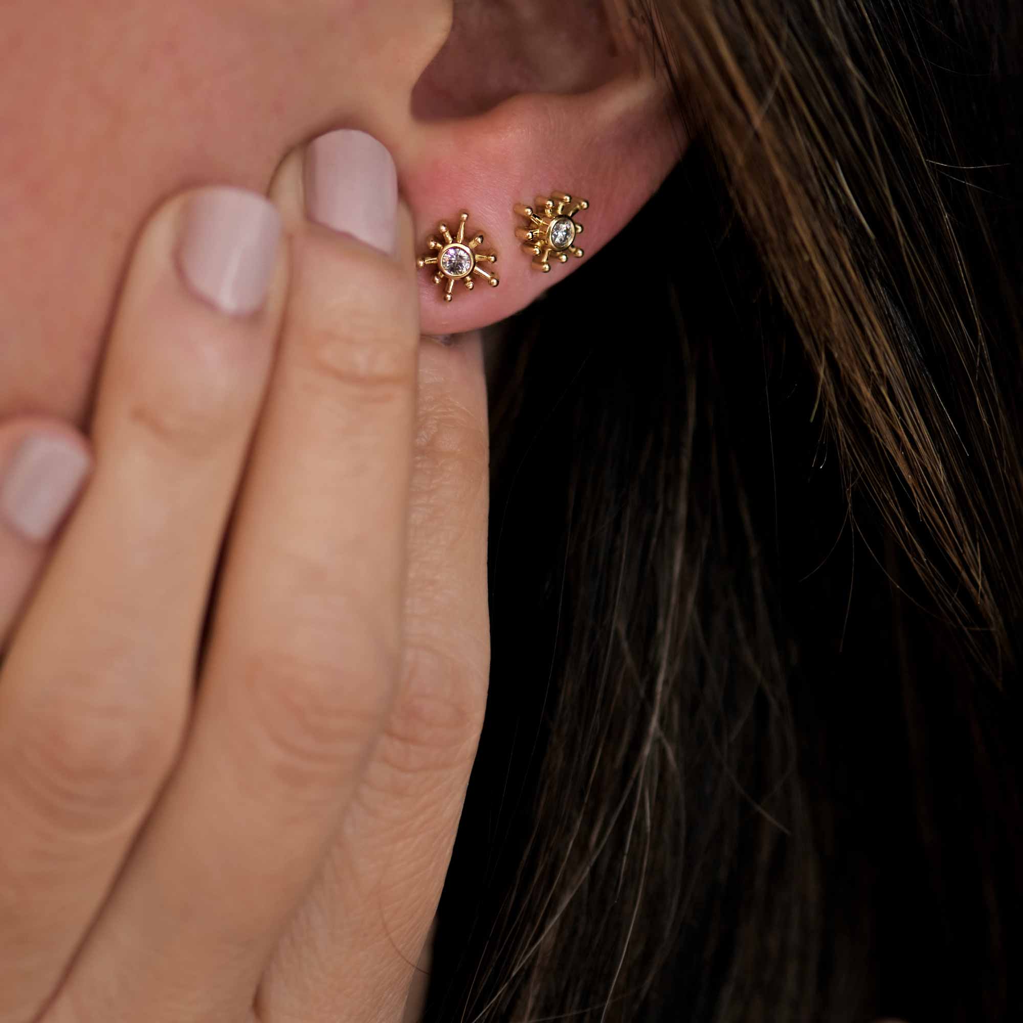 Fireworks Firecracker Diamond Yellow Gold Stud Earrings