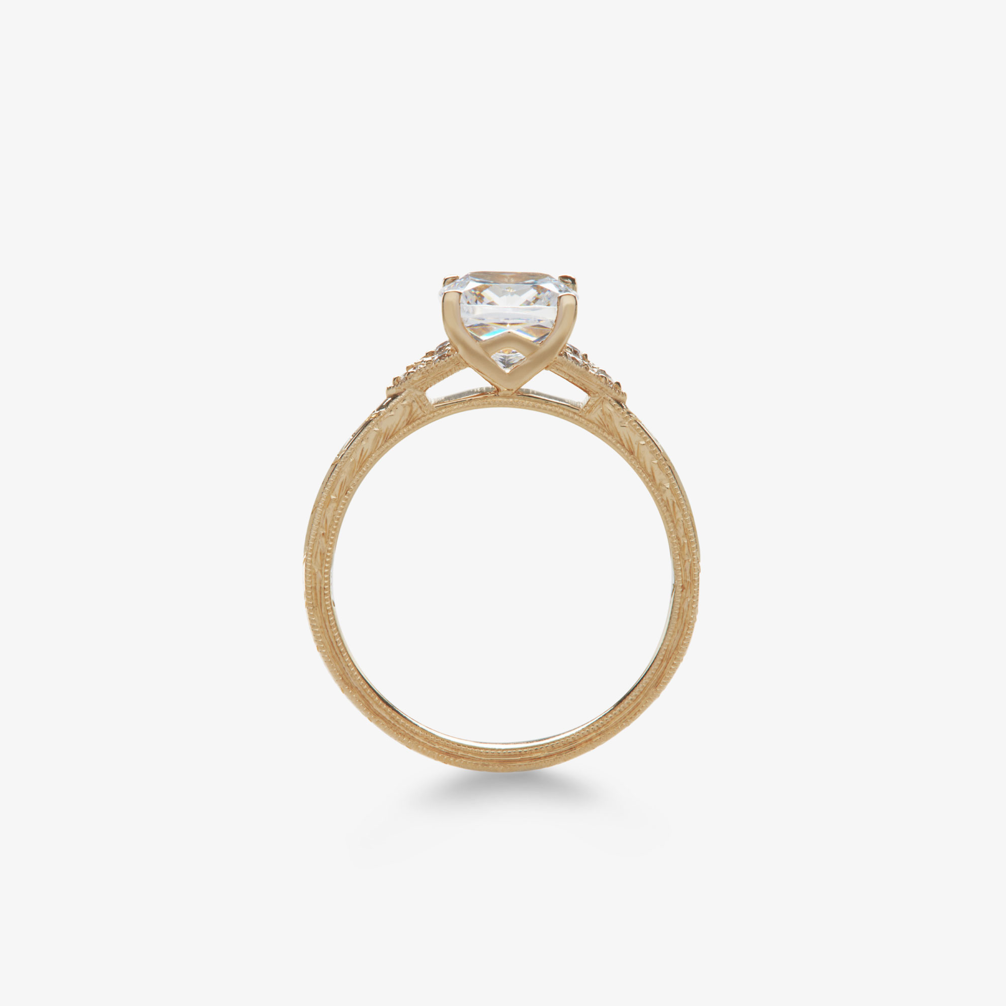 cushion cut diamond vintage engagement ring with hand engraving alt view