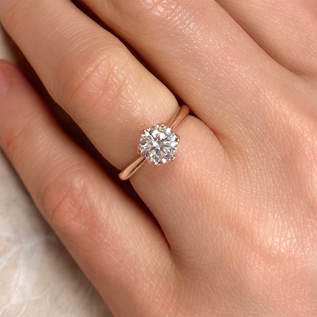diamond engagement ring with 6 prong setting rose gold on ring finger