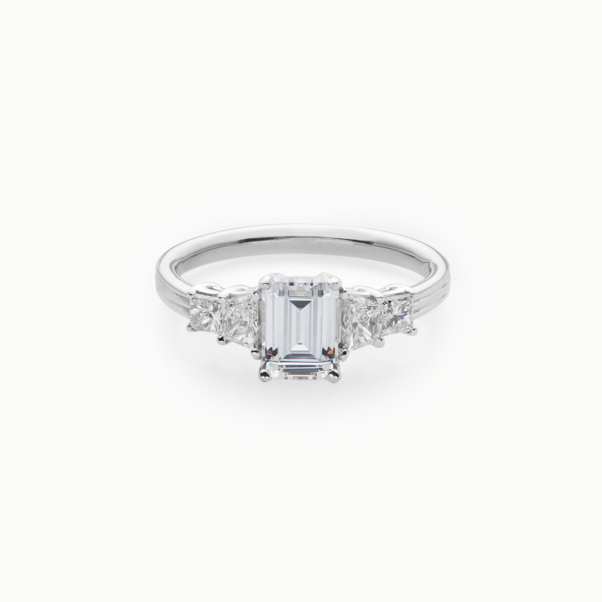 Emerald Cut Brilliant Trapezoid and Princess Cut Diamond Engagement Ring